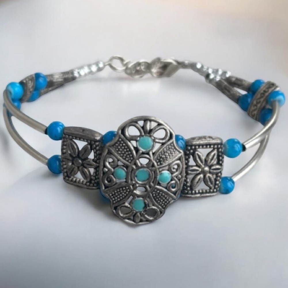Vintage Silver Cuff Bracelet Handmade Hand Crafted Jewelry Blue Green Turquoise